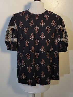 Knox Rose (Women's S) Black Floral Crew neck Embroidered Puff Sleeves Cotton Top